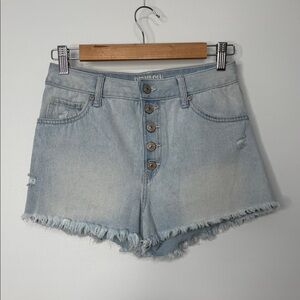 REWASH The Wedge Light Blue Button Fly Raw Hem Jean Shorts